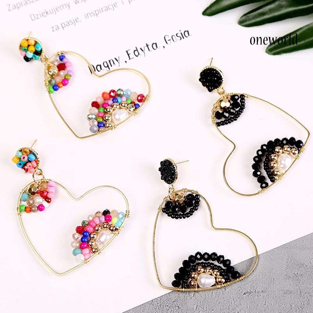 OW# Boho Women Beads Heart Big Hollow Dangle Ear Stud Earrings Party Club Earrings