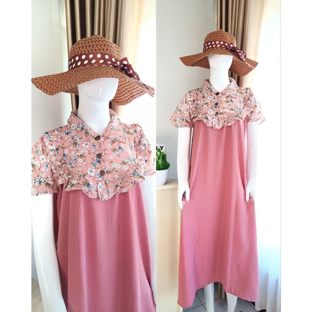 Flower Sakura Dress Wanita Jumbo Rayon Armor Kombinasi Crinkle Airflow Premium Baju Wanita Kekinian Lengan Pendek Maxydress  LD 110 cm