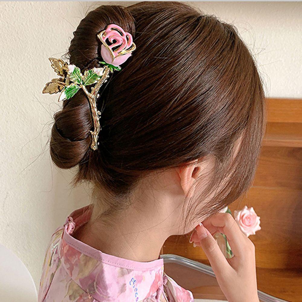 Needway   Female Hair Claw French Luxury Pink Daun Headdres Peri Mawar Hiu Klip