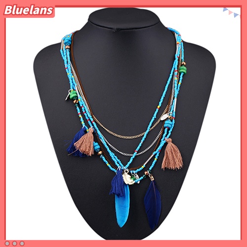 Bluelans Kalung Rantai Multilayer Hias Manik-Manik Bulu Rumbai Gaya Etnik Boho Untuk Wanita