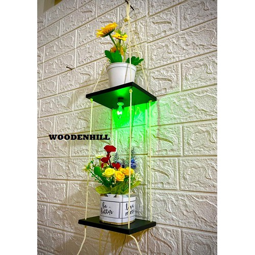 FURNITURE HIASAN DINDING 2 SUSUN MINI DGN LAMPU/RAK DINDING DENGAN LAMPU 2 SUSUN/RAK PENYIMANAN BARANG KESAYANGAN/RAK GANTUNG LAMPION/RAK LAMPU TIDUR/RAK PENGHIAS OUTDOOR ATAU INDOOR