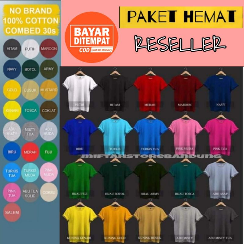 [PAKET RESELLER] 1 KODI KAOS POLOS CEWEK COWOK COTTON COMBED 30s