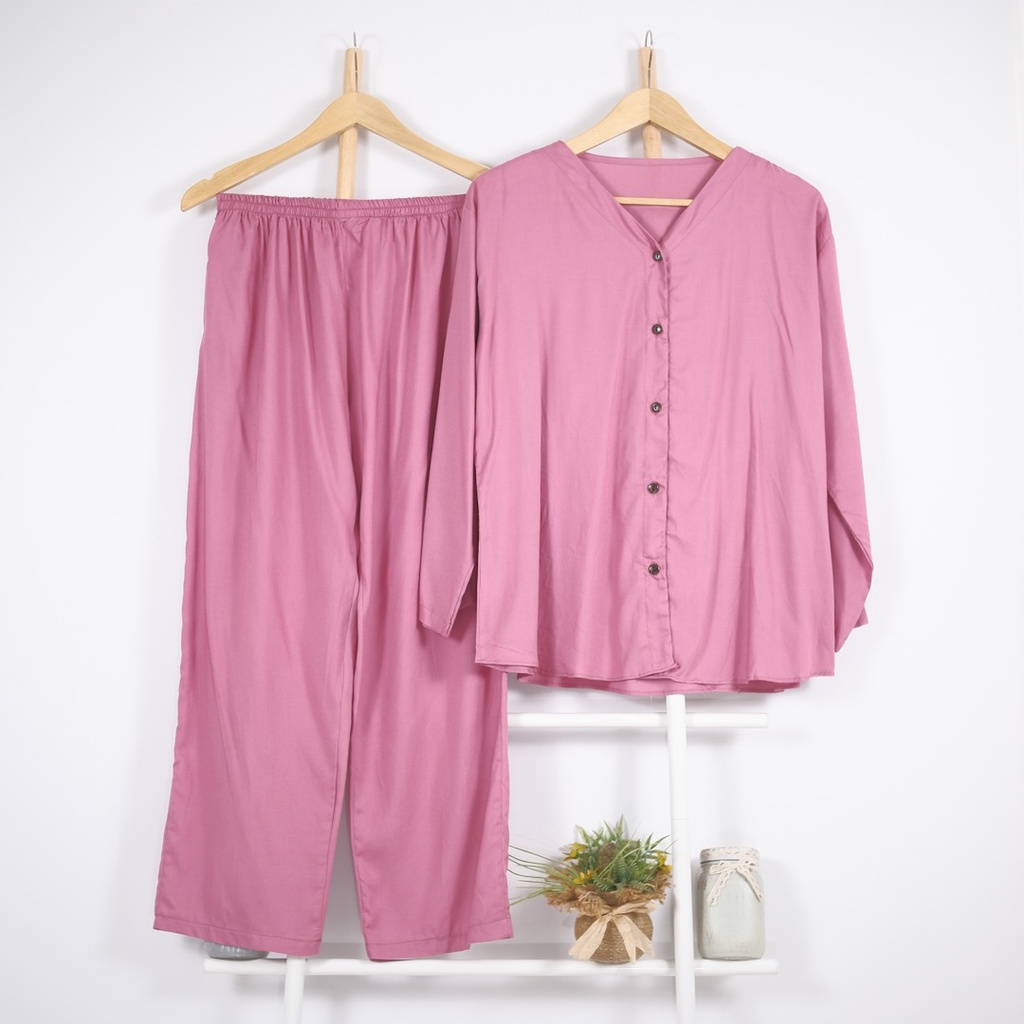 Haruna Set Babydoll Lengan Panjang Rayon Polos Pajamas Set Rayon One Set Rayon Piyama Rayon BISA COD