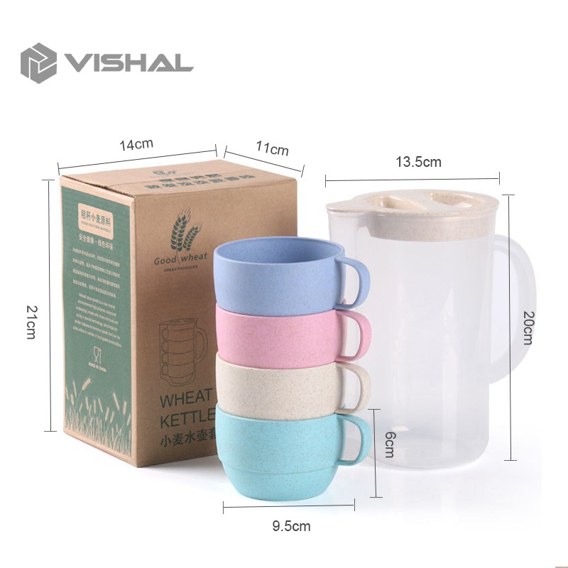 VISHAL Teko Jus Air Teh Kopi Wadah Plastik Dengan 4 Cangkir Cangkir Air Dingin VS-16