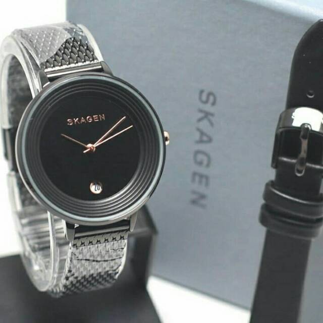 NEW JAM TANGAN WANITA SKAGEN RANTAI PASIR DAN KULIT SK-2333 TGL AKTIF