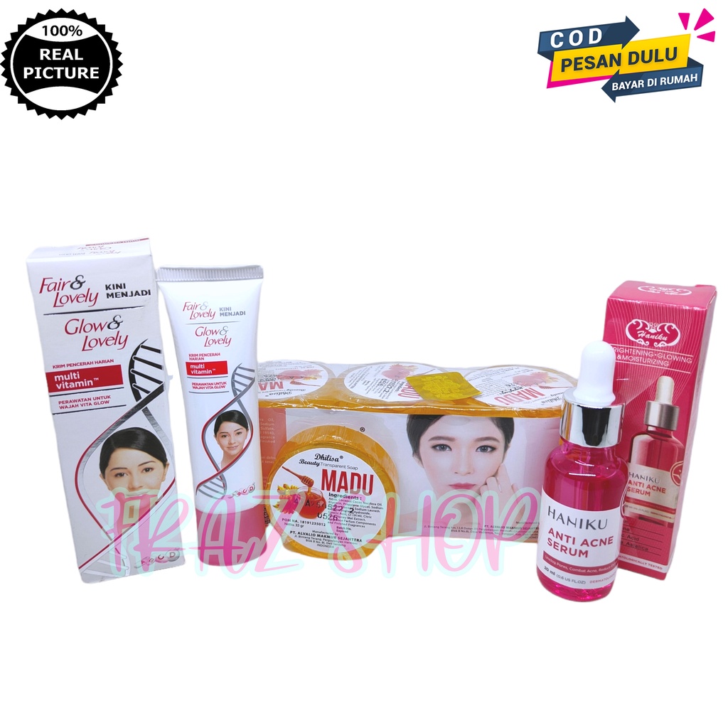 Paket Cantik Glowing - Pelembab Fair And Lovely - Dhilisa Sabun Madu - Serum Anti Acne BPOM