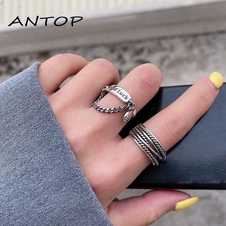 2 Pcs Fashion Keren Logam Cincin Retro Tren Rantai Wajah Tersenyum Jari Telunjuk Cincin Kepribadian Gaya Punk Perhiasan Sederhana Unisex ANTOP