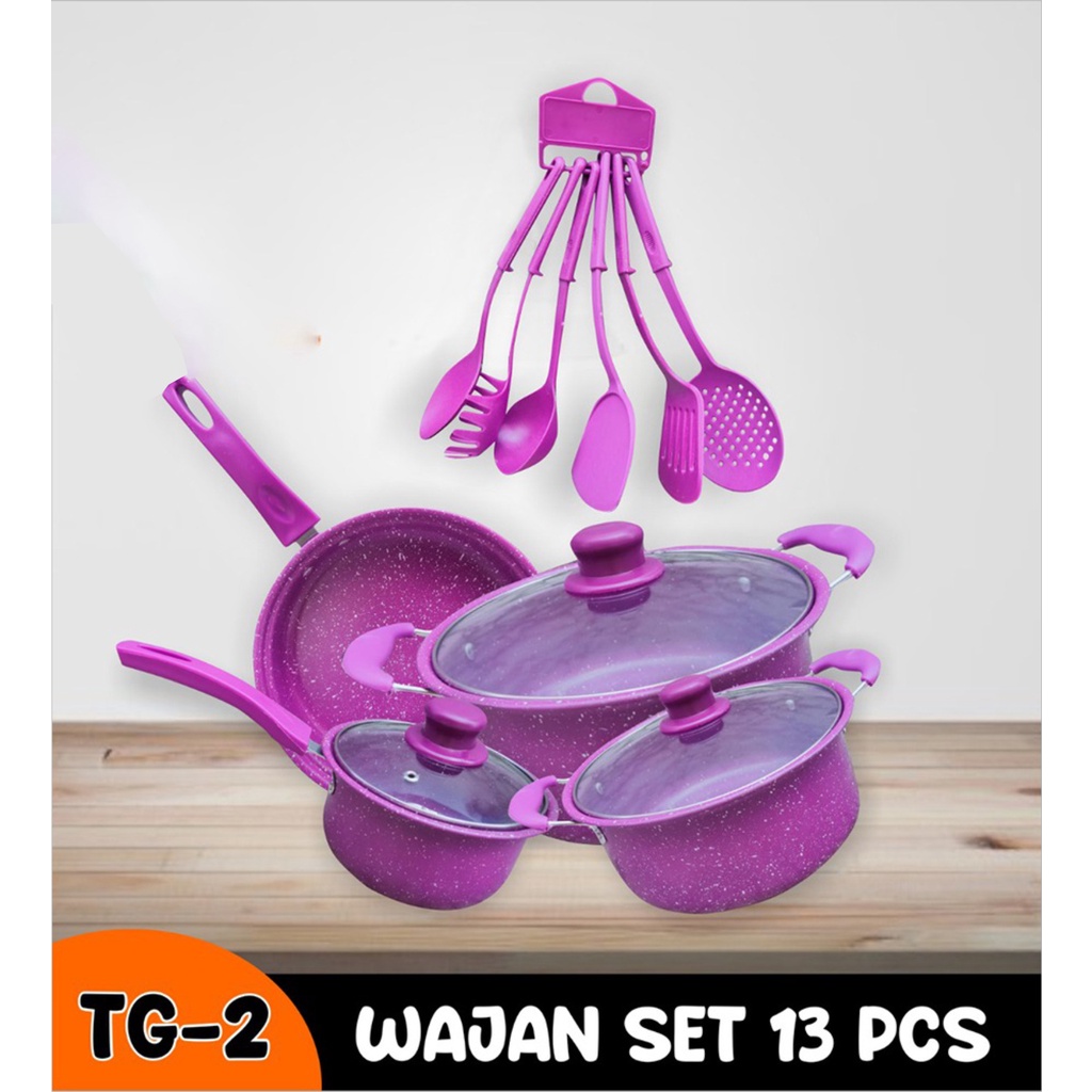 Panci Set Teflon Marble 13 Pcs Berwarna Cookware Set Tutup Kaca Free Spatula 6 Pcs Plastik