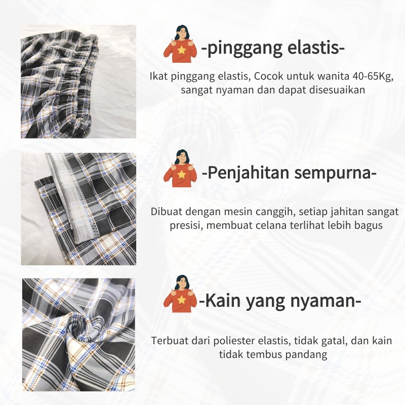 Celana Kotak Kotak Wanita Celana Highwaist Wanita Kulot Celana Korea Pinggang Elastis Celana Tartan