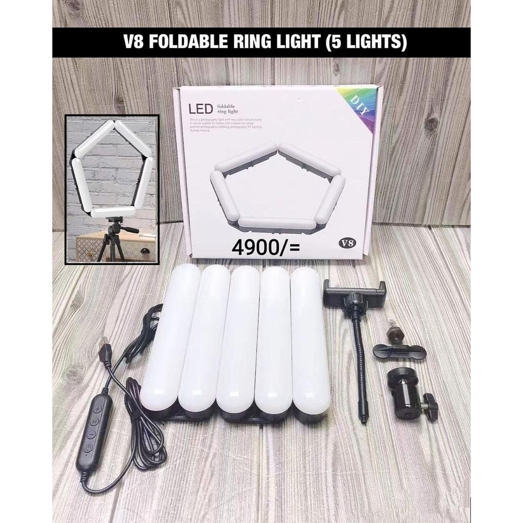 V8 - LED Foldable Selfie Make Up Ring Light 5 Lampu / 14IN