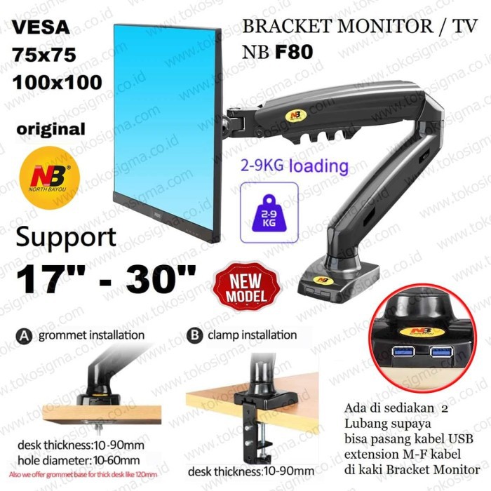 Bracket Monitor TV Jepit Meja NB F80 F-80 Gas Spring Hidrolik 17-30 in