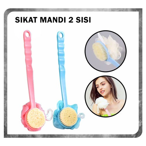 LT-  [150 GR] Spons Mandi 2 Sisi Shower Puff + Sikat Gosok Punggung Gagang Panjang