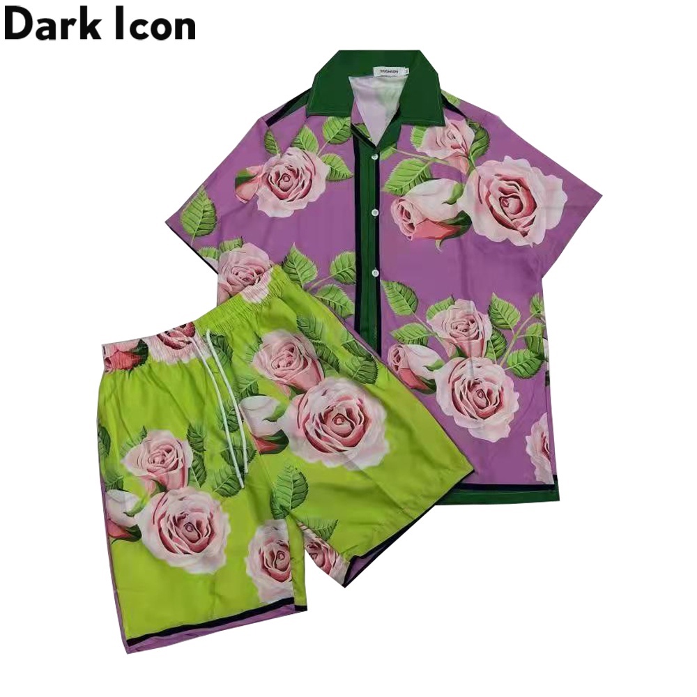 Dark Icon Floral Printed Hawaiian Shirt And Shorts Summer Holiday Beach Sets