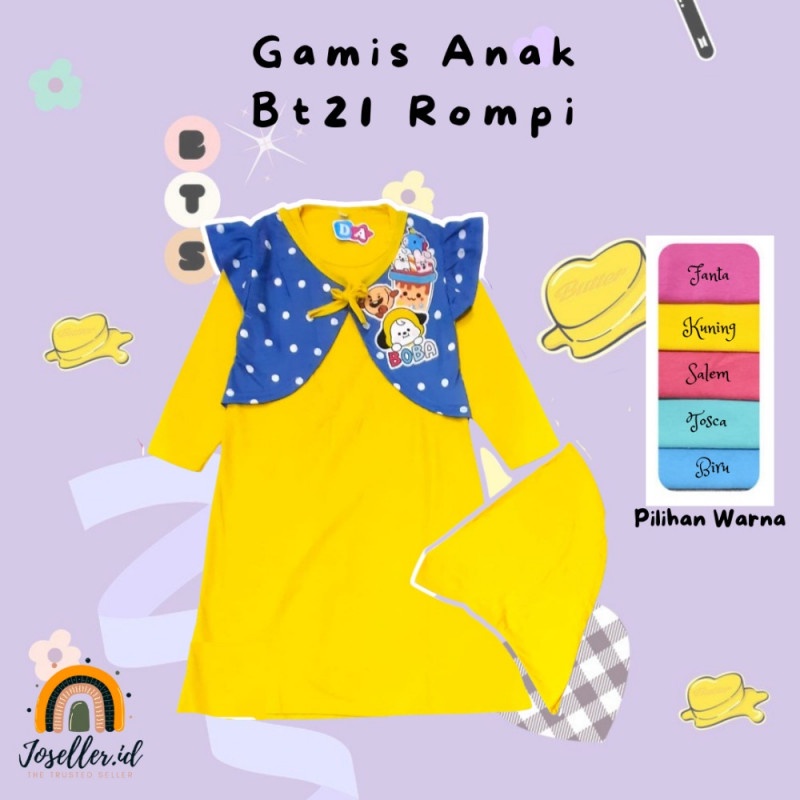 DRESS GAMIS MUSLIM SET HIJAB ANAK PEREMPUAN MOTIF 003 KARAKTER BTS BT21 2-10 TAHUN