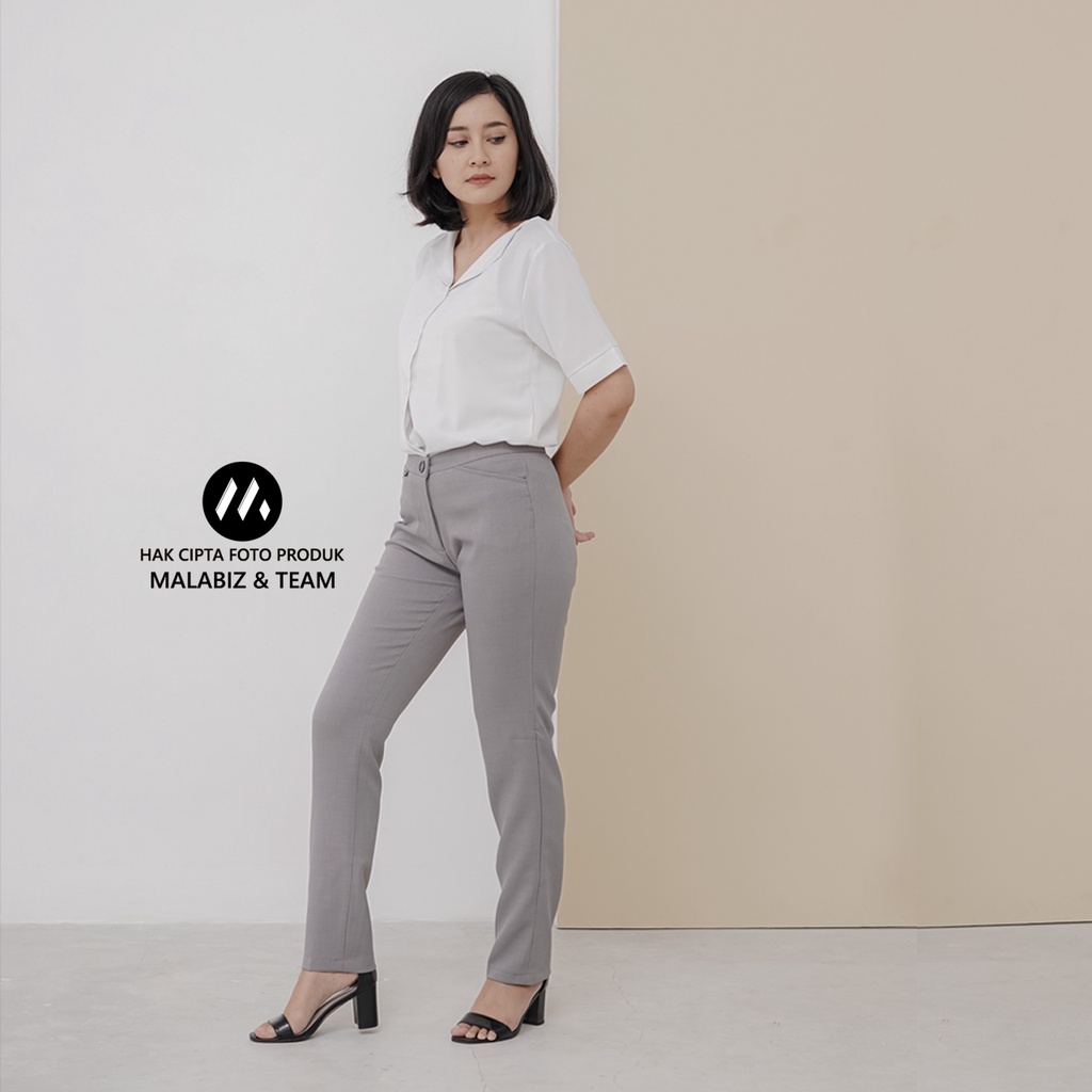 SHANNON LIGHTGREY - Celana Kantor Wanita Slim Fit Bahan Stretch dan Tebal Celana Formal Wanita Celana Panjang wanita Hitam Celana Dasar Wanita Basic Standar Kerja Malabiz