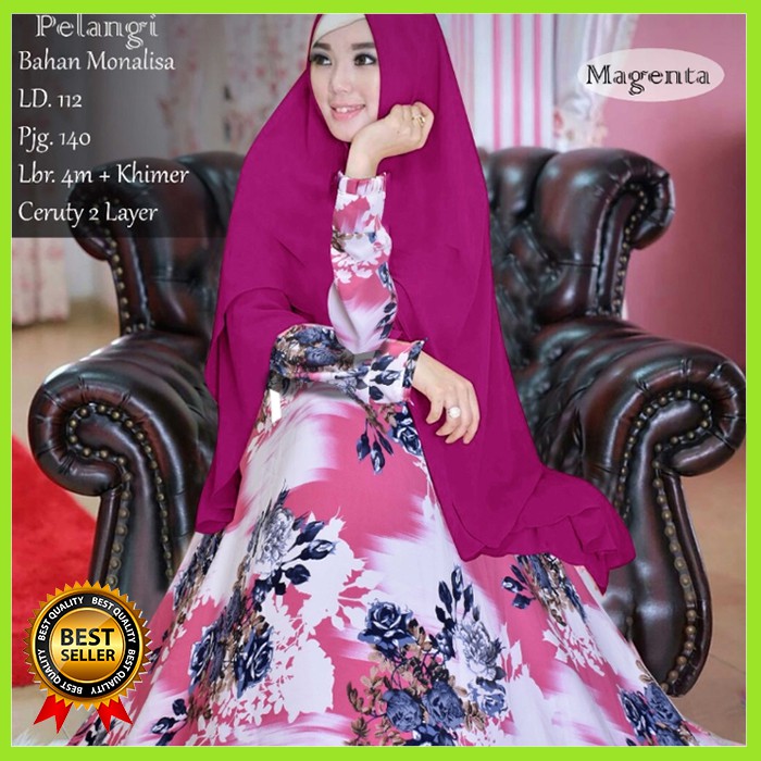 BAJU GAMIS WANITA SYARI SET KHIMAR GAMIS MONALISA MOTIF BUNGA - MAGENTA