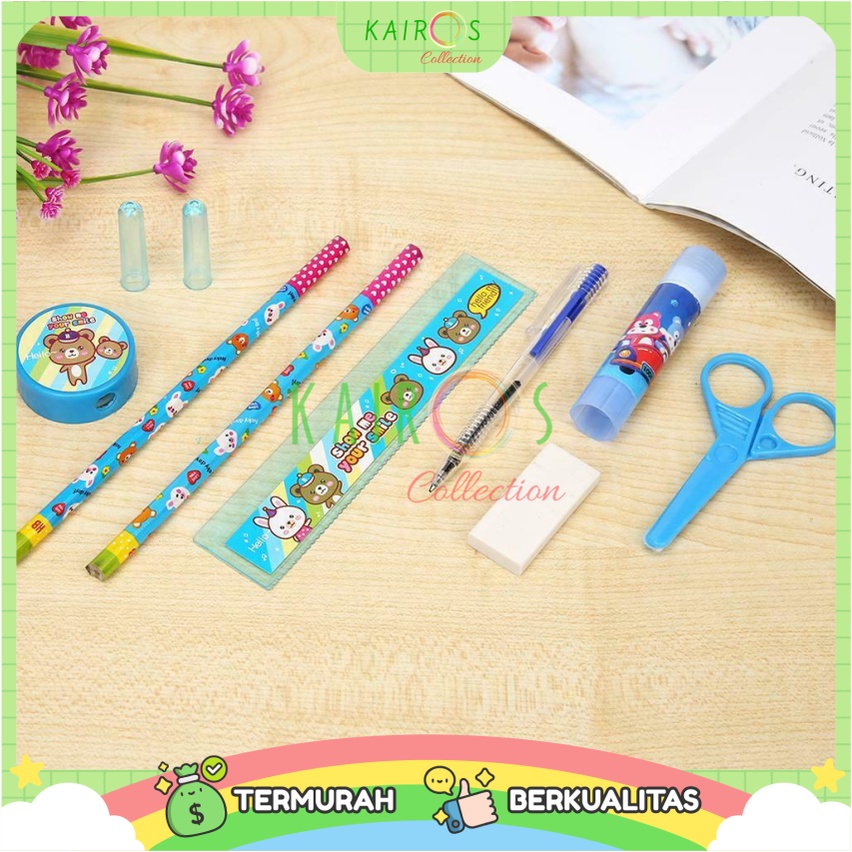 Paket alat tulis 9in1 set karakter Lengkap Stationery Gunting Lem