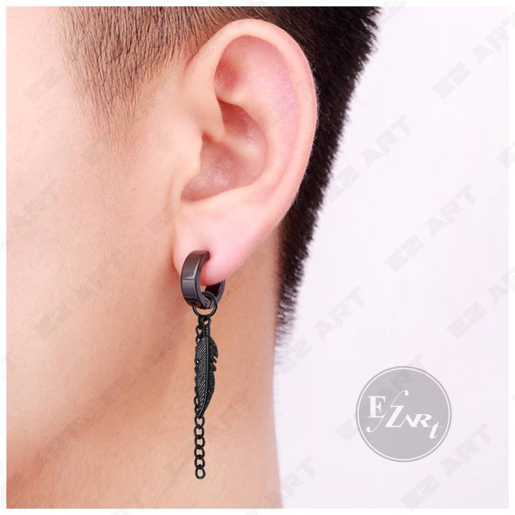 1Pc EZ-BS ANTING FASHION HITAM GANTUNGAN BULU RANTAI BLACK FEATHER JEPIT TUSUK PRIA WANITA KPOP