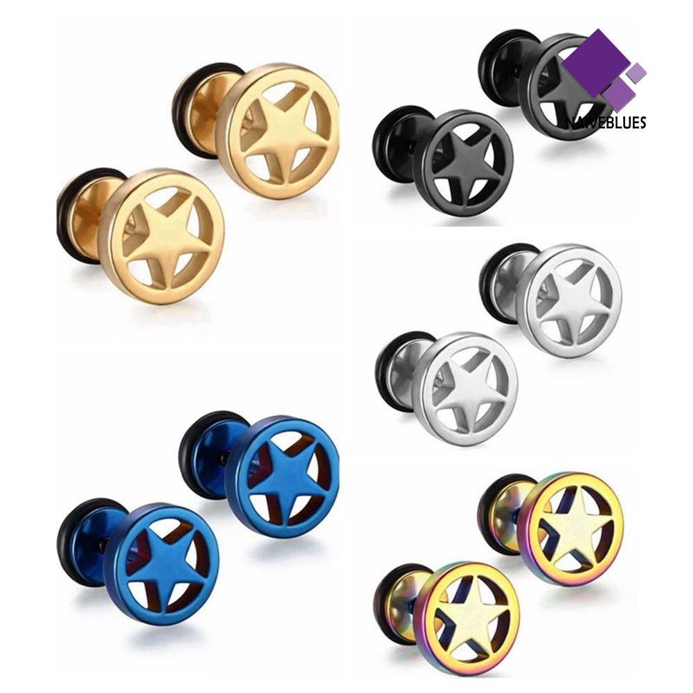 Anting Stud Bentuk Bintang Barbell Bahan Stainless Steel Gaya Punk Untuk Pria Dan Wanita