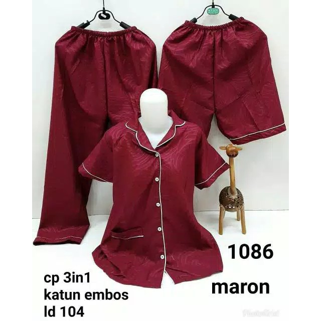 SEASOND IND Piyama/Baju Tidur 3in1 Wanita Dewasa Embos Warna/L Fit to XL ko-embos marun