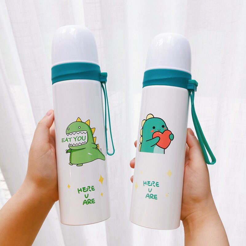 Botol Minum Tahan Panas H/C 8 jam++ Vacuum Flask 500ml Motif Kartun Dino Lucu + Bubble