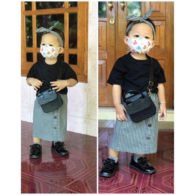 3in1 rok pendek  YaYa motif kotak+ atasan polos+ /bando