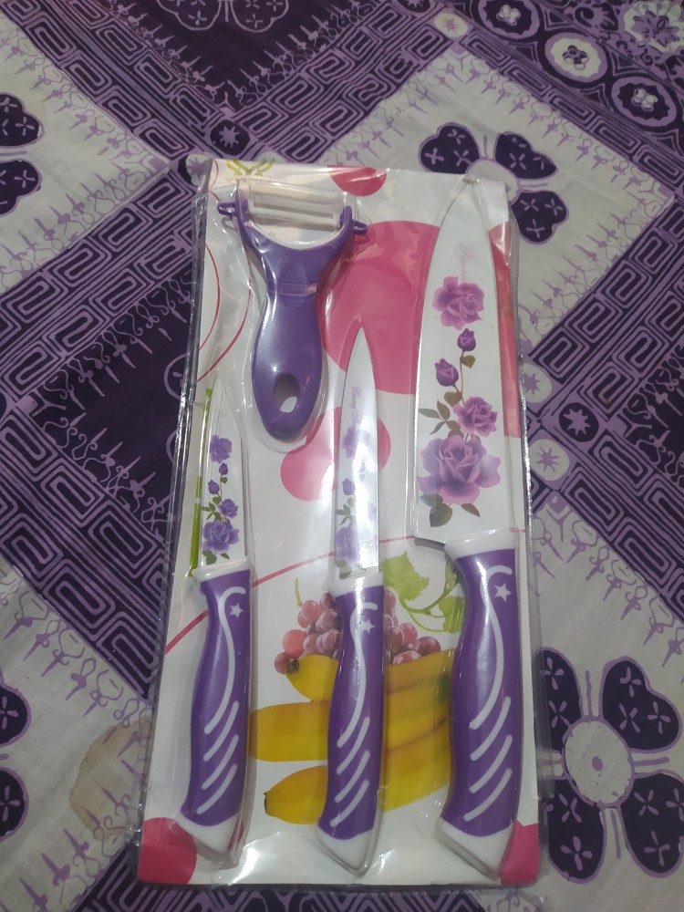 Pisau Satu Set Keramik Motif Bunga 4 In 1 Pisau Dapur Buah Pemotong Daging Serbaguna