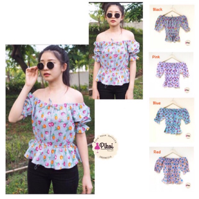 Baju katun import / baju off shoulder / baju sabrina / baju motif bunga / blouse jalan lucu / 958