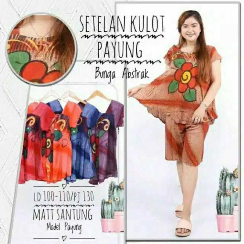 Setelan Kulot Payung Bunga Abstrak | Setelan Celana Pendek | Set Piyama Batik