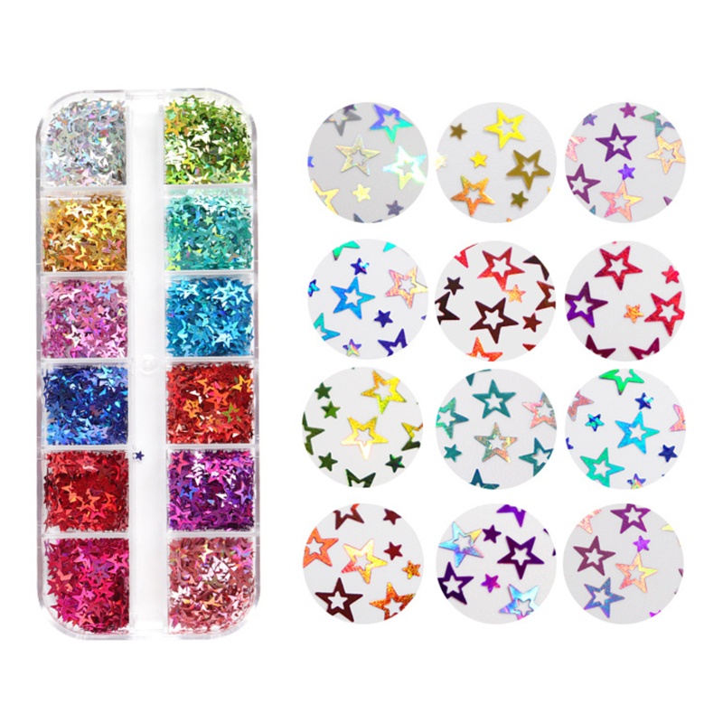 SIY  12 Grids/Box Holographic Glitter Hollow Stars Shape Sequins Epoxy Resin Filling DIY Crafts Jewelry Making Flake Nail Art