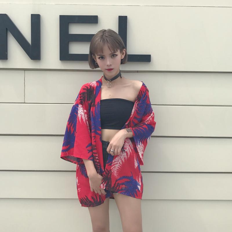 2022 Sifon Merah Biru Fashion Street Beach Cardigan Kimono Wanita Motif Jepang Harajuku Kimono Longgar Warna 2023