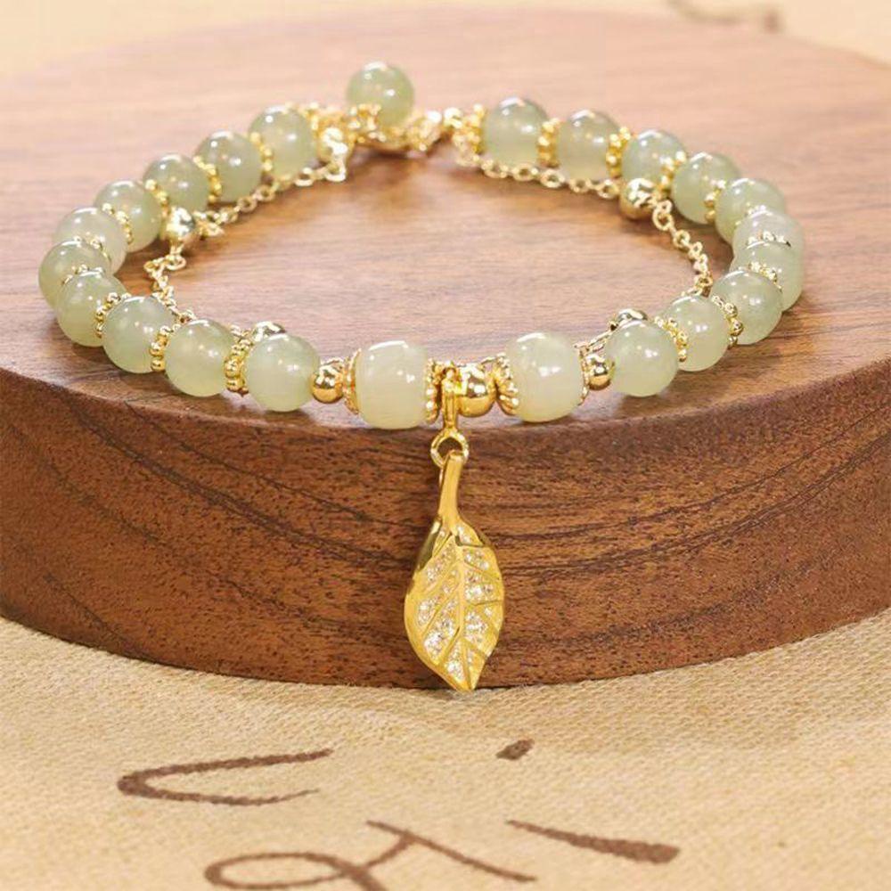 NEEDWAY Gelang Giok Handmade Perhiasan Hadiah Pacar Aksesoris Pakaian Manik Giok Aprikot Daun Alloy Gaya Korea Bracelet