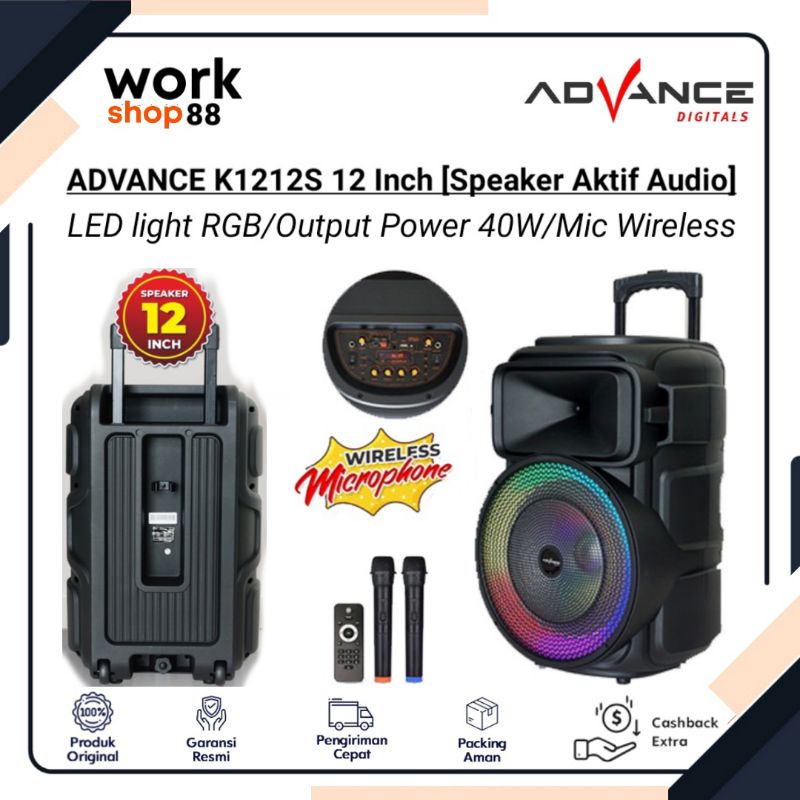 Terbaru Advance K1212S 12 " Inci Speaker Aktif Portable + Remote + 2 Mic Wireless Power 50W - New Or