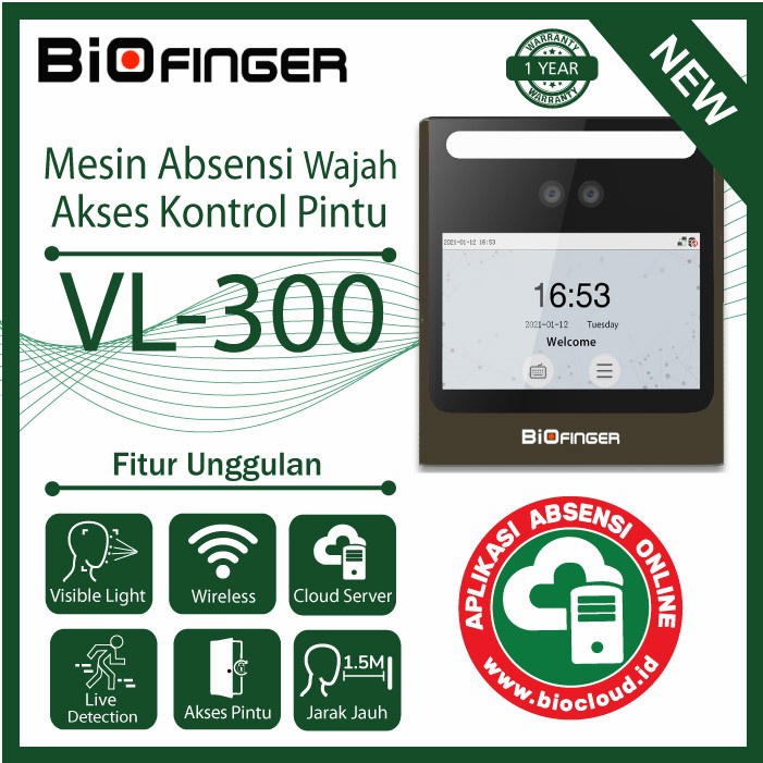 Absensi Wajah BioFinger VL-300 USB Flashdisk LAN WIFI Akses KOntrol OnLine Cloud Jarak 1.5M Masker Akurat Cepat