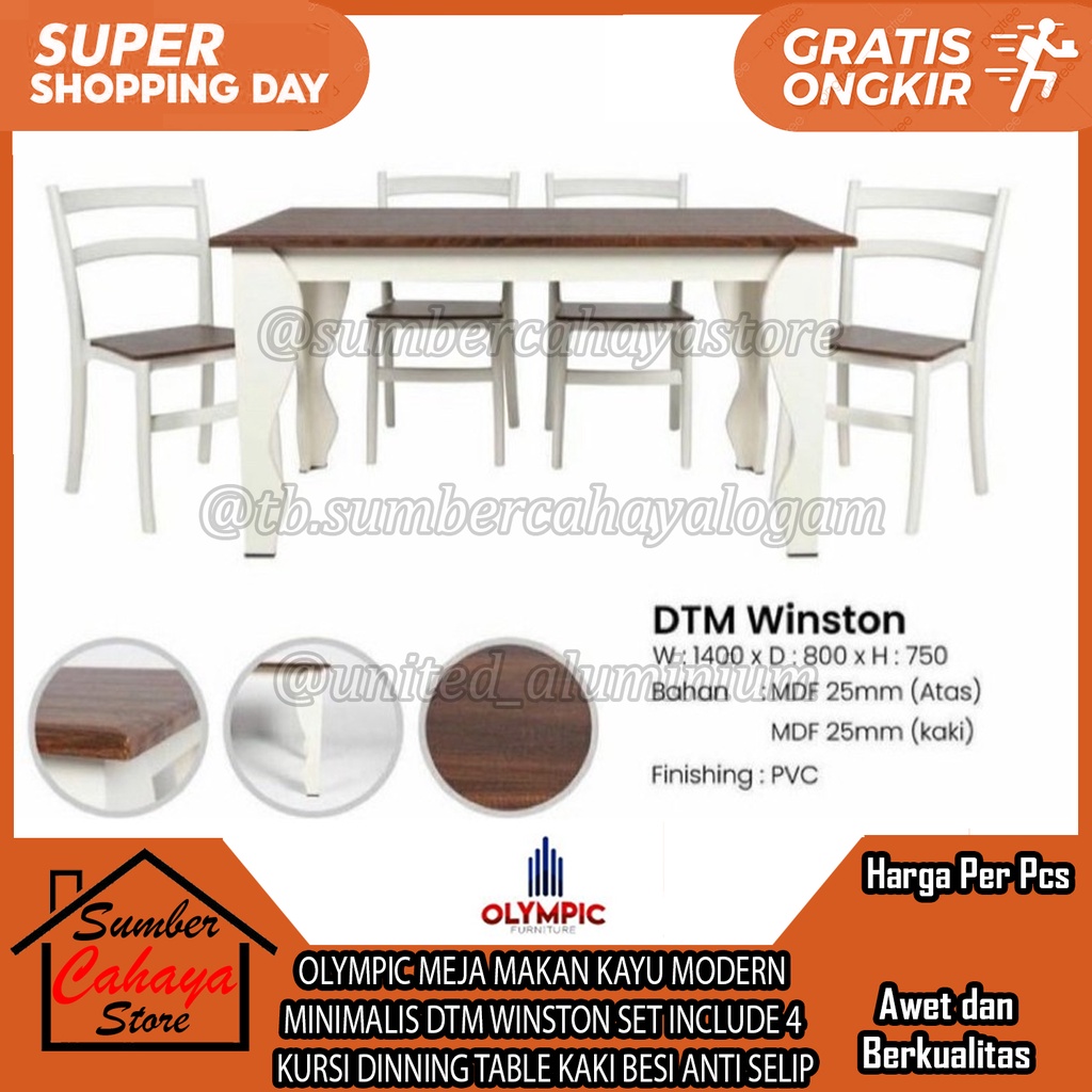 OLYMPIC MEJA MAKAN DINNER KAYU MODERN  MINIMALIS DTM WINSTON SET INCLUDE 4 KURSI DINNING TABLE KAKI 