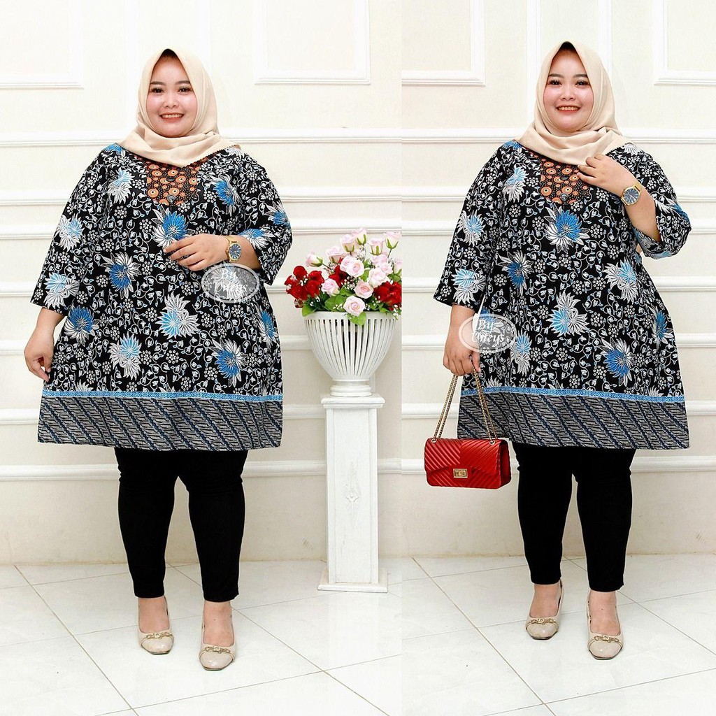 Tunik Batik Wanita Ukuran Jumbo LD 140cm Resleting Belakang Bahan Katun Adem Di Pakai Serap Keringat