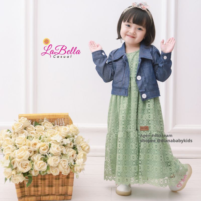 LABELLA 6-7 Tahun Casual Gamis Anak SHERINA Green Hijau Bolero Rompi Brukat Pesta