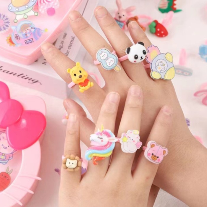 Bostonstore Cincin Anak Kartun / Cincin anak lucu ring princess set perhiasan anak kartun cincin kecil / Cincin Box MIni cincin Plastik Mainan Anak (10pcs) / Cincin Box Love / Cincin Anak Karakter