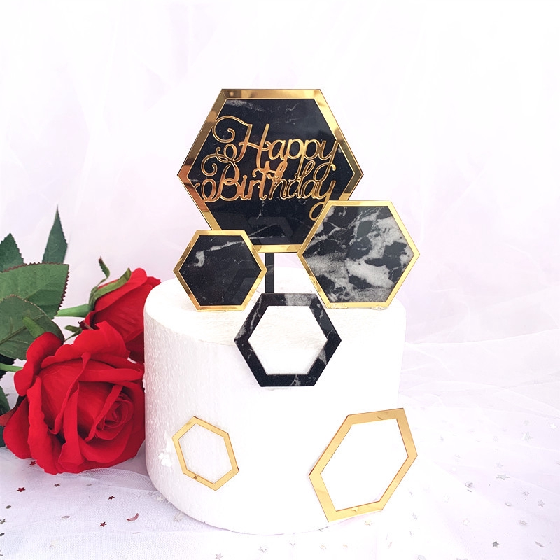 Topper Kue Bentuk Hexagonal Motif Marmer Bahan Akrilik Untuk Dekorasi Pesta Ulang Tahun