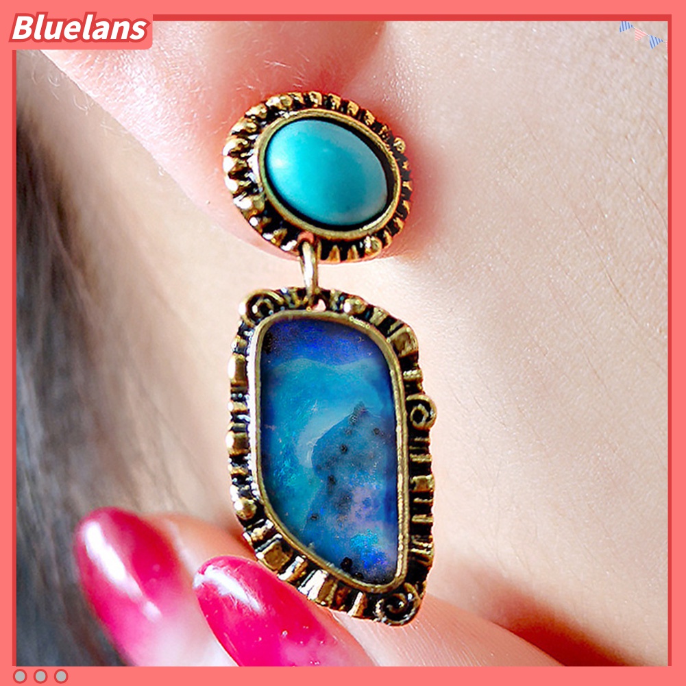 Anting Stud Geometris Menjuntai Aksen Turquoise Tiruan Gaya Vintage Untuk Perhiasan Wanita