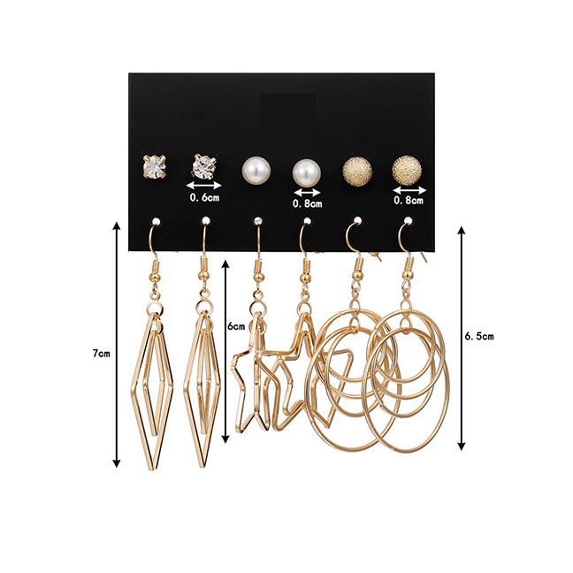 LRC Anting Set Fashion Gold Pearl Five-pointed Star Big Circle Earrings Set Of 6 F71693