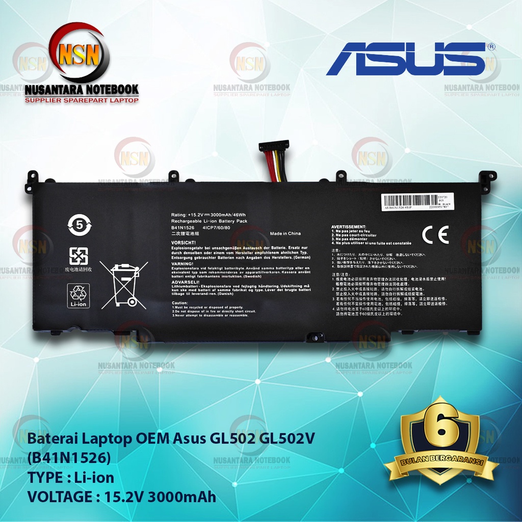 Baterai Laptop OEM Asus GL502 GL502V B41N1526 12.5V 3000mAh