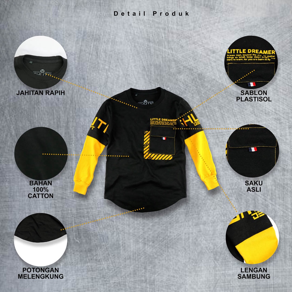 Baju Kaos Anak Laki Laki Lengan Panjang Saku 1-12 Tahun Warna Hitam Kuning/Kaos Anak Laki Laki/Baju Anak Laki Laki