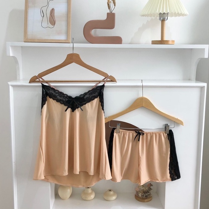 MERLYN sleepwear set Baju tidur wanita tanktop dan celana sexy-Light Choco(SSW)