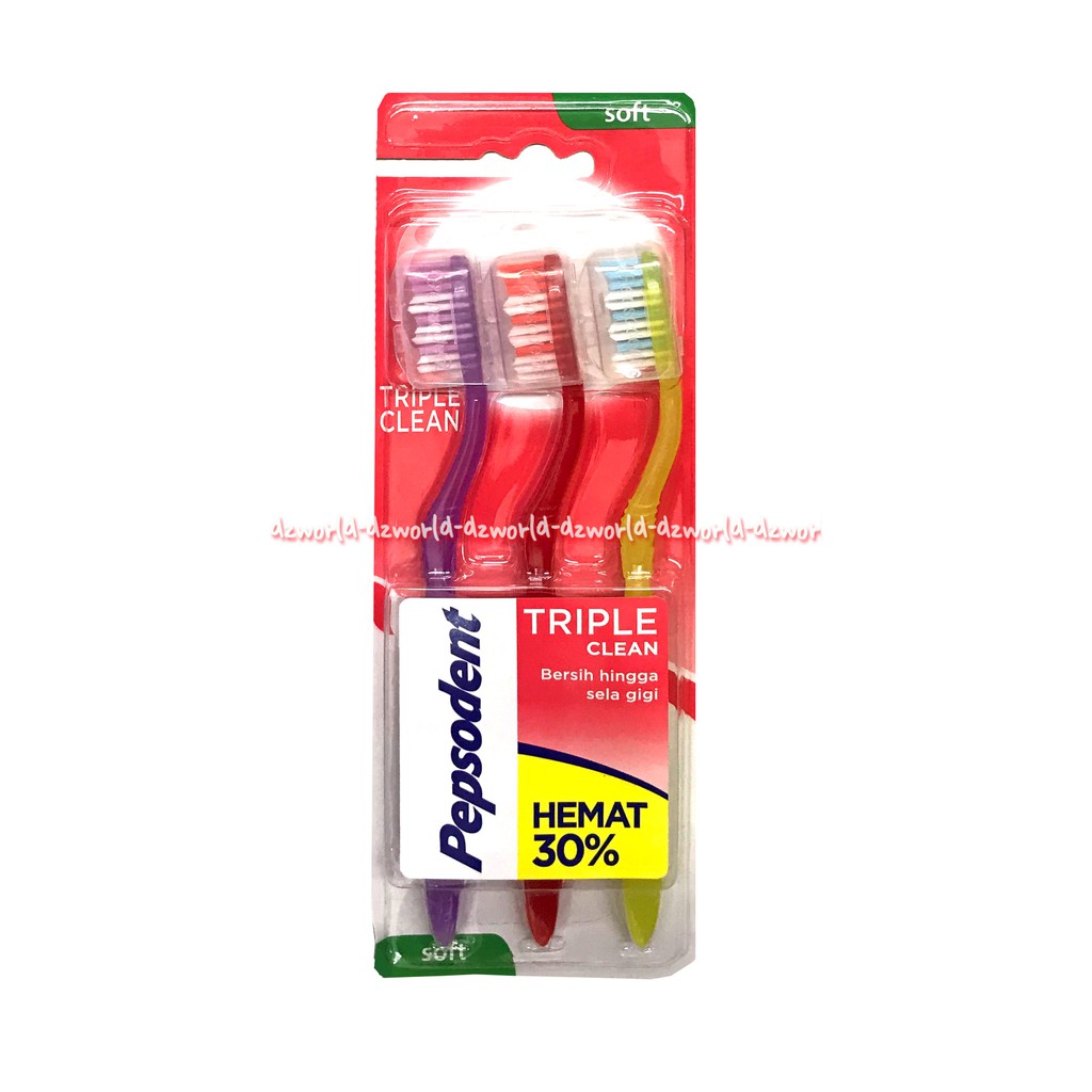 Pepsodent Triple Clean Sela Gigi Soft Isi 3 Pcs Sikat Gigi dengan bulu sikat bergelombang