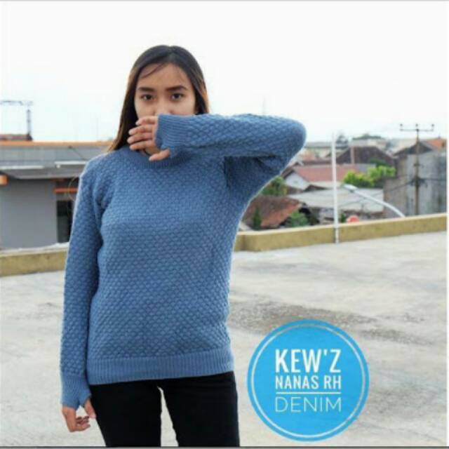 Pineapple Roundhand Denim Sweater - Sweater Wanita Rajut Tebal Murah dengan Thumbhole
