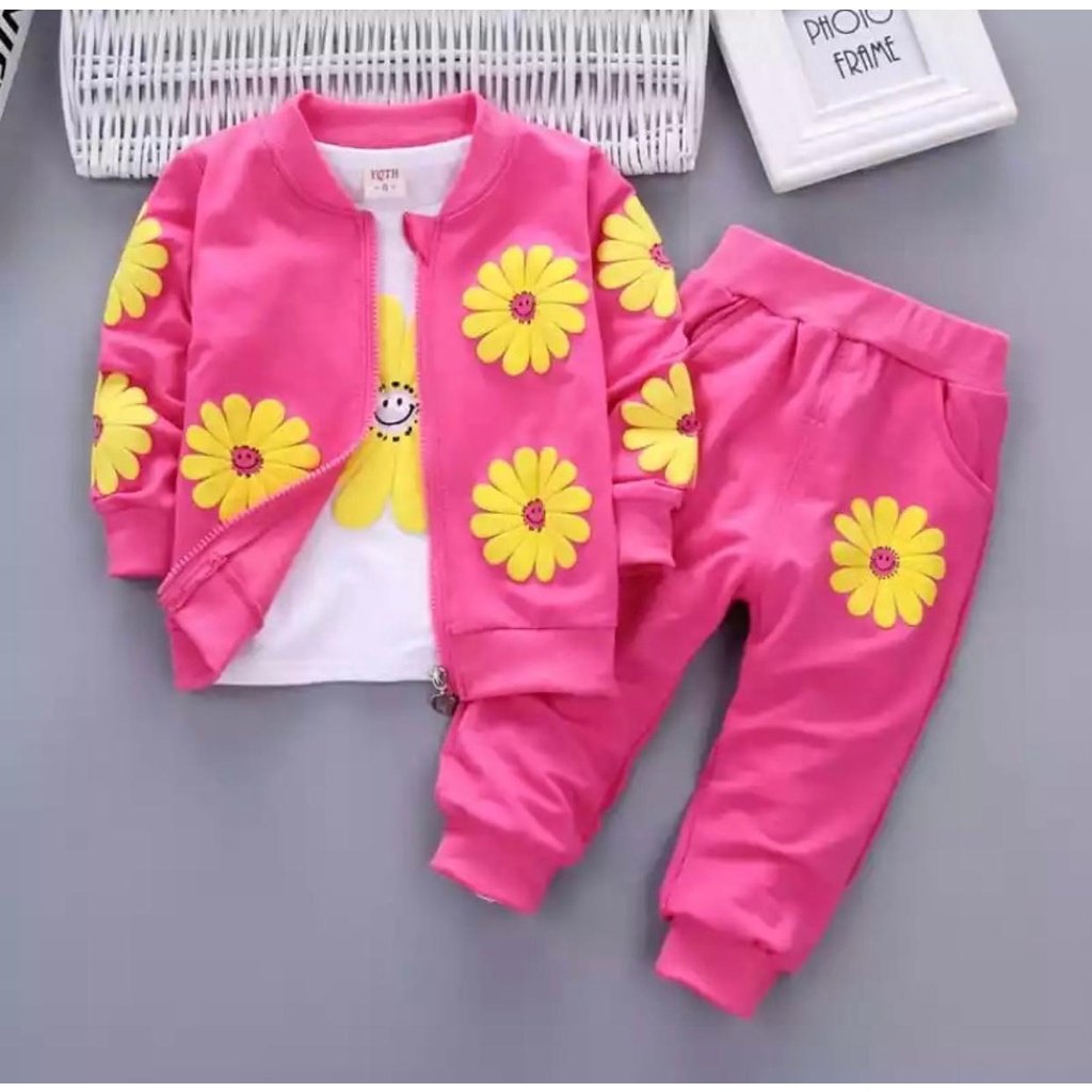 3 IN 1 | SETELAN SWEATER ANAK PEREMPUAN | SET JAKET ANAK FLOWER 1-5 TAHUN | SETELAN ANAK ECER DAN GR