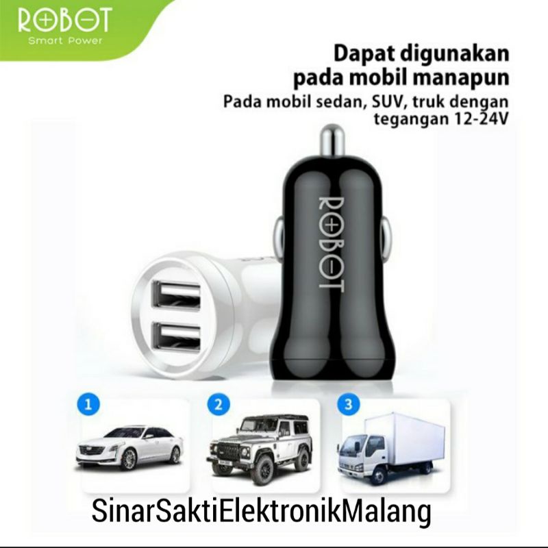 Robot Car Charger HP Dual Output + Kabel USB Charge Cas Colokan Mobil Handphone Smartphone