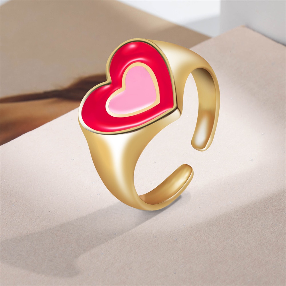 Vintage Y2K Double Heart Opening Enamel Ring For Women Fashion Korean Diyou Metal Heart Joint Ring Jewelry Wholesale