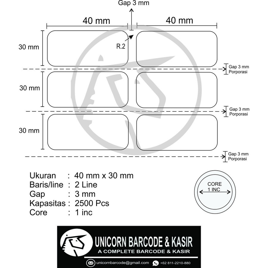 40x30 mm / 40x30mm SEMICOAT 2 LINE 2500PCS CORE 1&quot; LABEL STICKER UNICORN 40 x 30